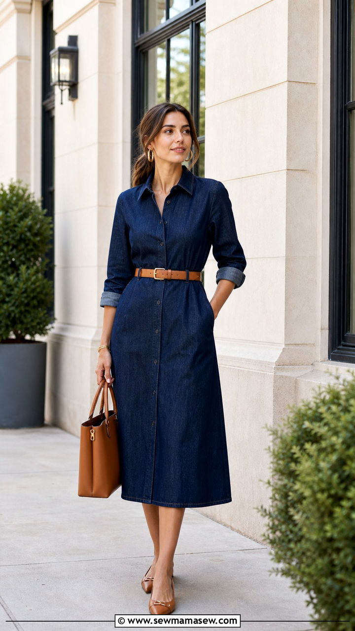 Tailored Denim Midi Dress Outfit - 40 spring work outfit ideas
