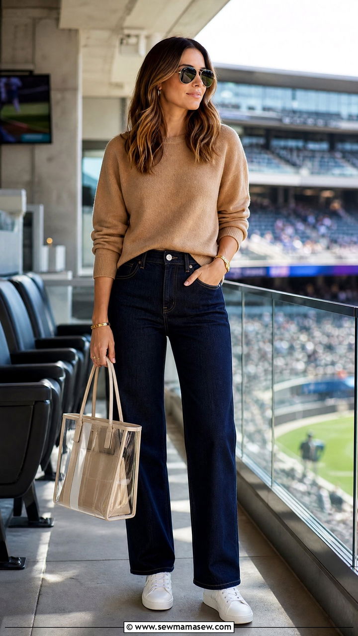 Tailored Denim With Soft Knitwear And Premium Sneakers - 35 Gameday outfit ideas 2026