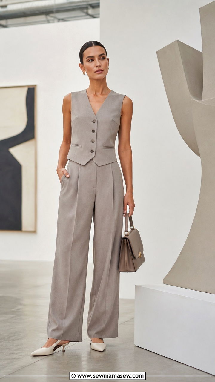 Tailored Greige Vest and Matching Wide Leg Trousers Outfit - 30 Quiet luxury wardrobe essentials