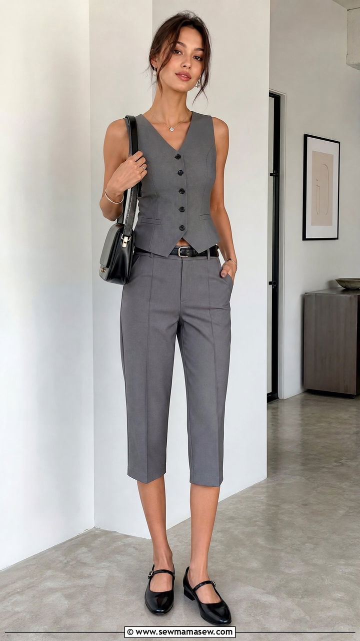 Tailored Grey Capri Pants With Fitted Vest And Mary Jane Flats - 25 Capri outfit ideas
