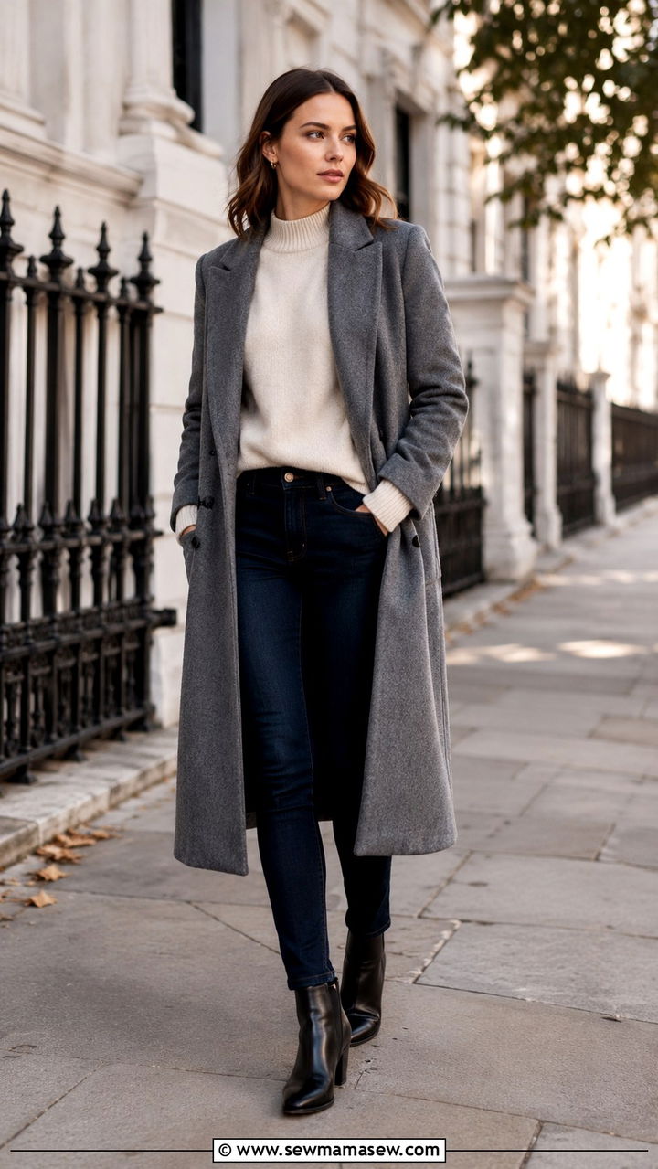 Tailored Grey Coat Over Cream Sweater And Dark Jeans - 30 Quiet luxury outfit ideas with jeans