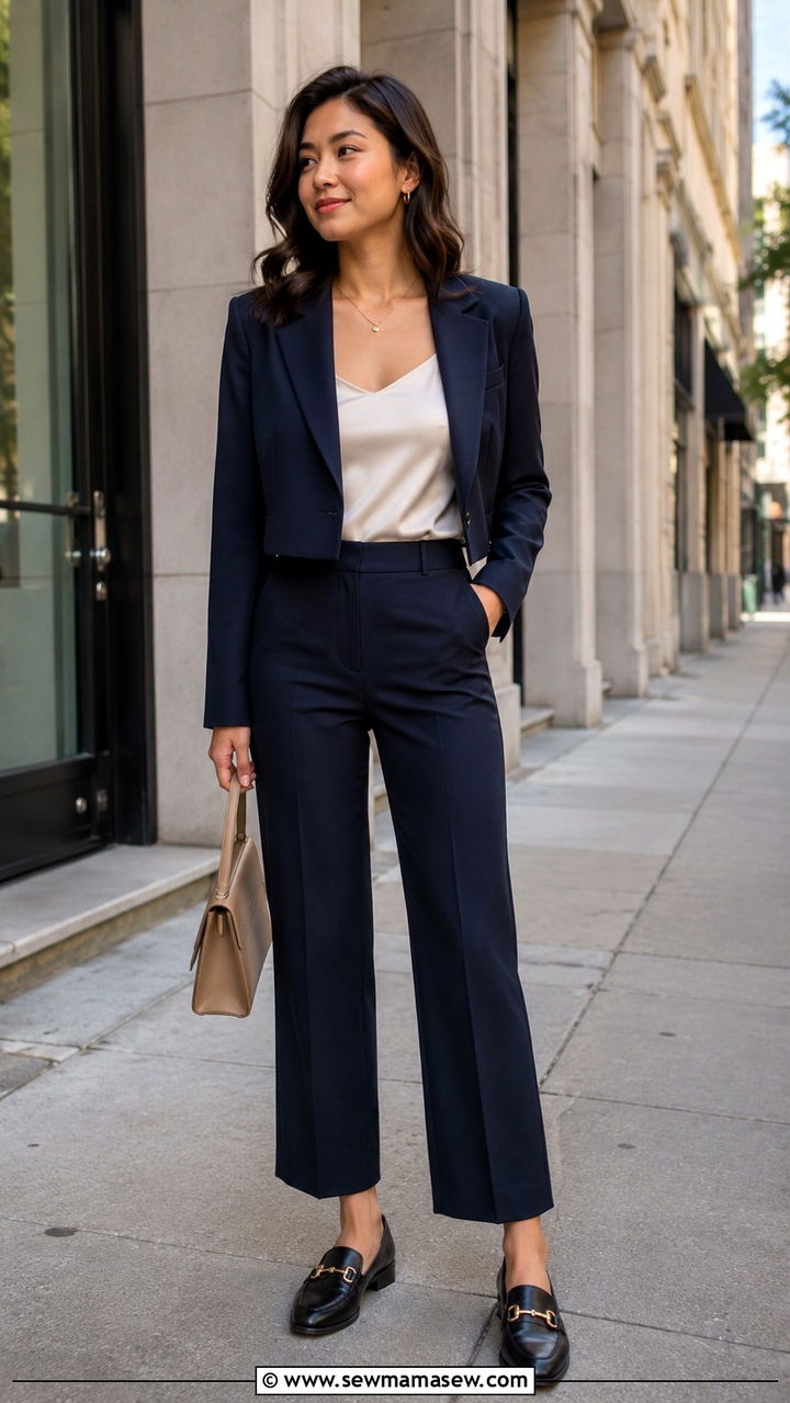 Tailored High Rise Trousers With a Cropped Blazer and Heeled Loafers - 20 Petite outfit ideas 5'4