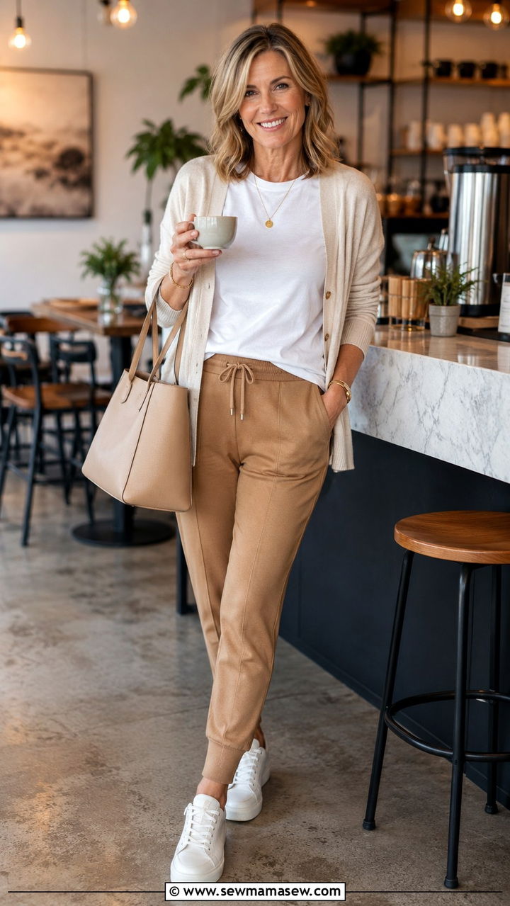 Tailored Joggers With Crisp Tee And Cardigan Outfit - 30 Outfit ideas for women over 40 athleisure