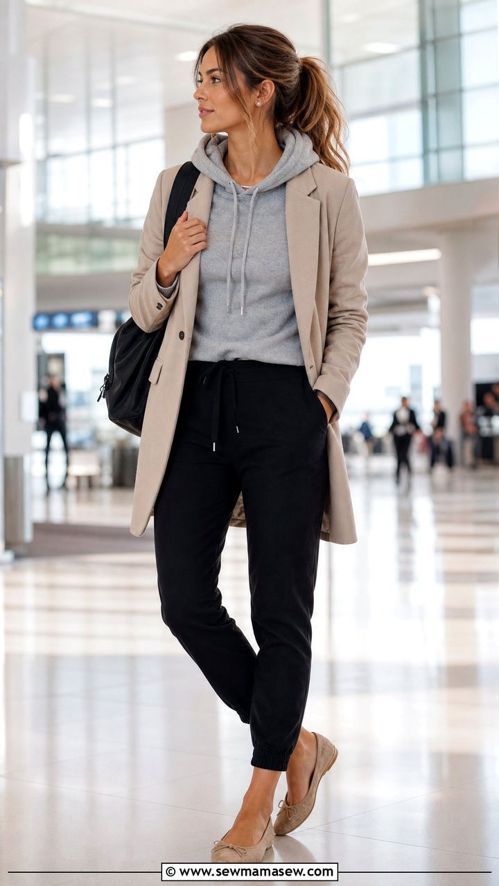 Tailored Joggers and Long Blazer with Ballet Flats - 25 Spring outfits with ballet flats