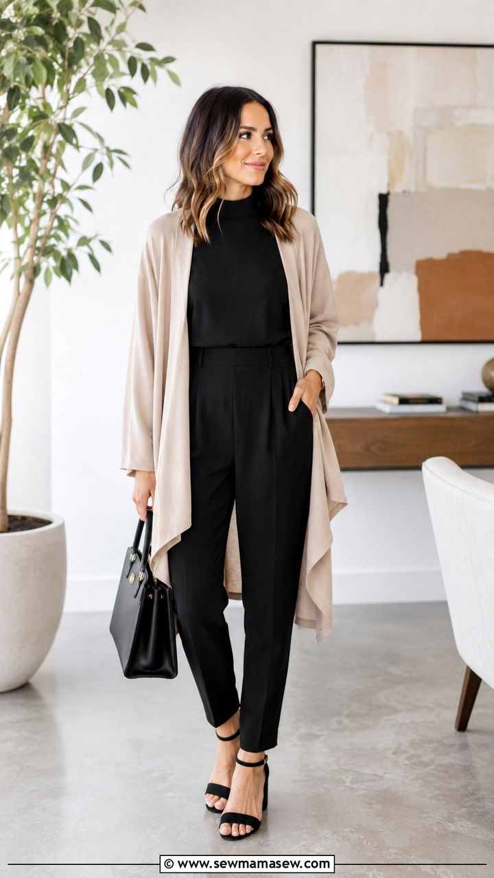 Tailored Jumpsuit With Long Sleeves And Draped Open Cardigan Outfit - 25 work outfits for modest women