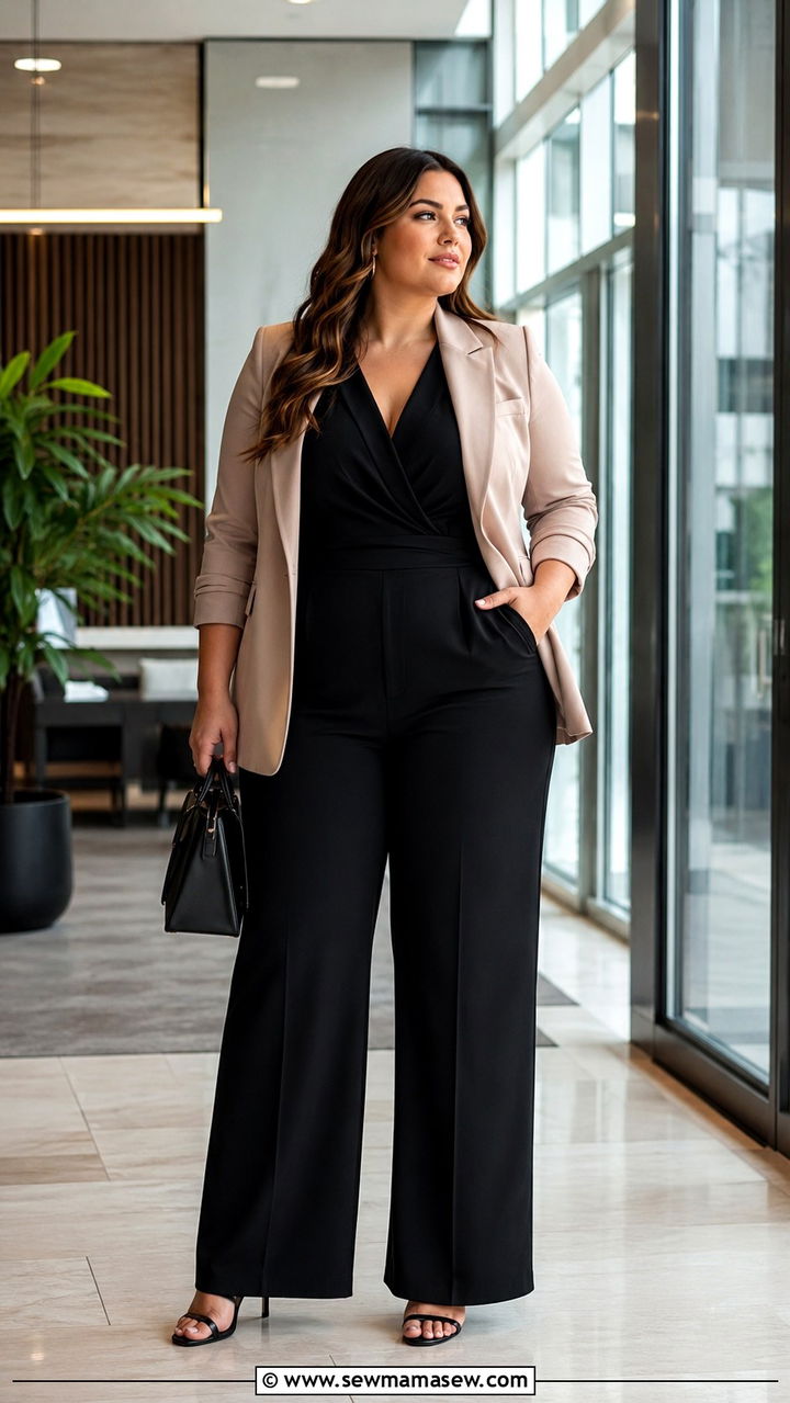 Tailored Jumpsuit With Structured Blazer And Heeled Sandals - 30 Plus size office outfits