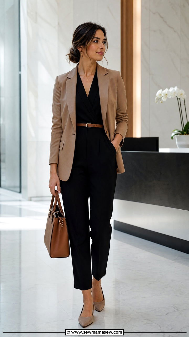 Tailored Jumpsuit and Structured Blazer Outfit - 30 minimalist capsule wardrobe outfits