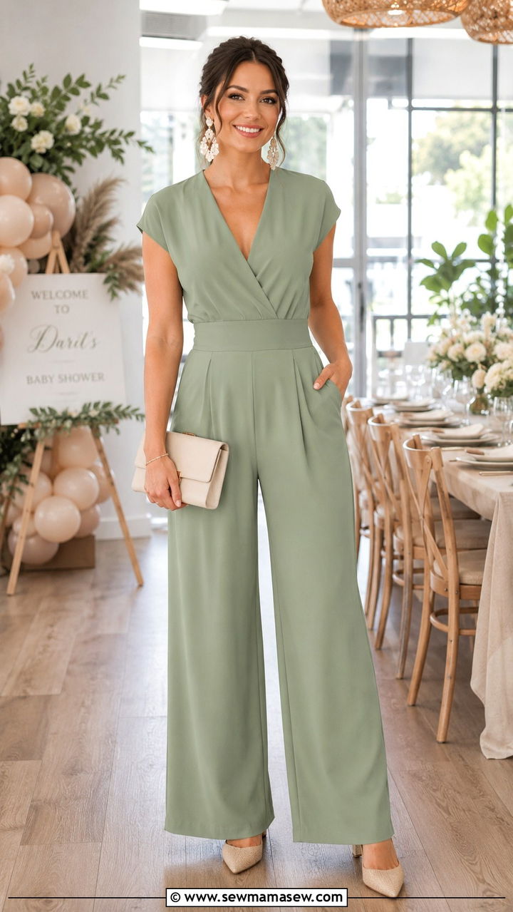 Tailored Jumpsuit with Statement Earrings - 25 Baby shower brunch outfit ideas