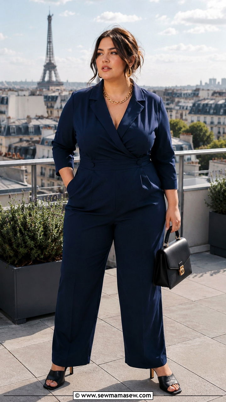 Tailored Jumpsuit with V Neckline and Heeled Mules - 25 Plus size outfit ideas Parisian
