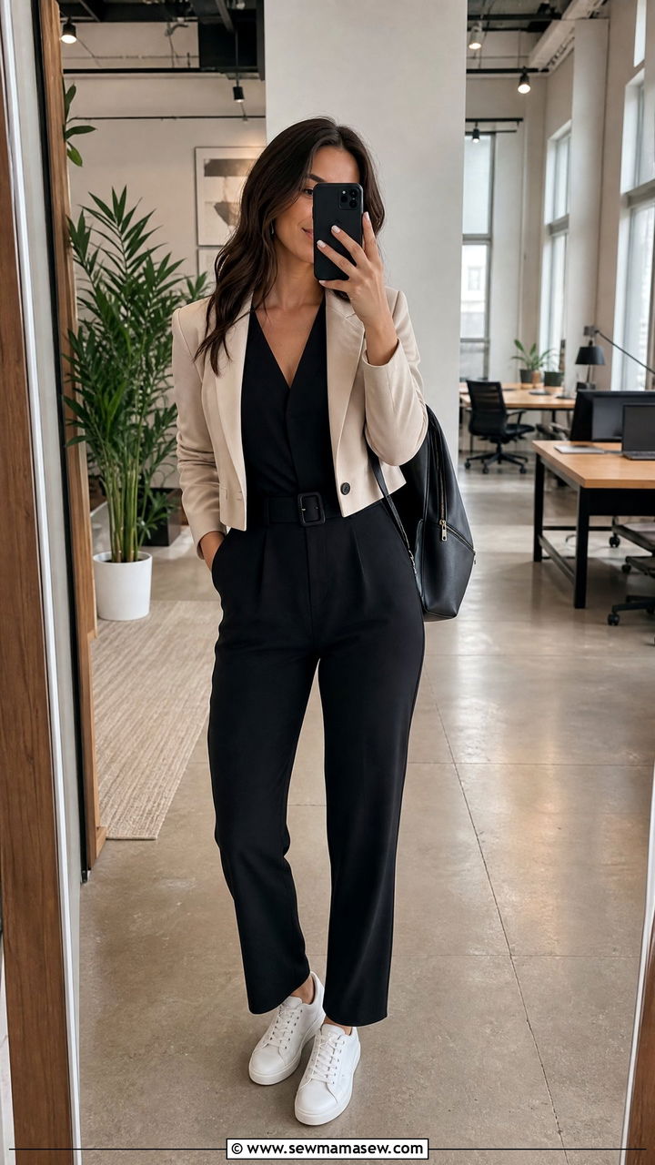 Tailored Jumpsuit with White Sneakers Office Look - 25 How to style white sneakers for work