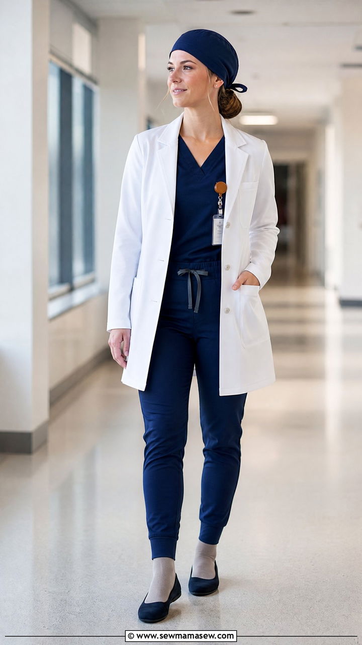 Tailored Lab Coat Layered Over Scrubs With Professional Flats - 25 Icu nurse outfit ideas
