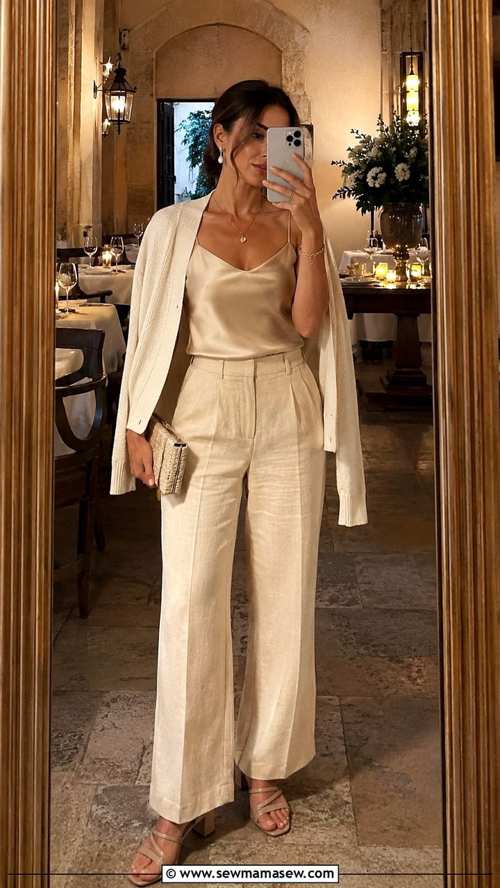 Tailored Linen Trousers With Silk Camisole And Light Cardigan - 25 Provence outfit ideas