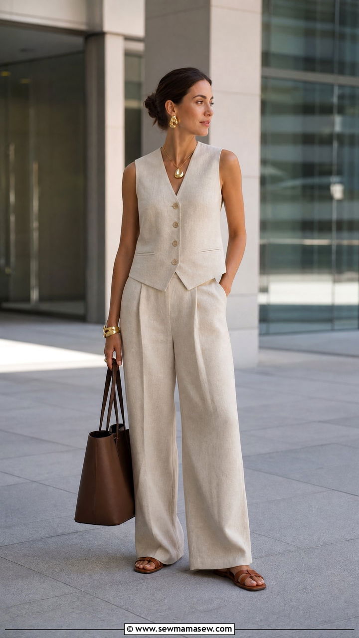 Tailored Linen Vest With Matching Wide Leg Trousers - 35 hot weather outfits inspo