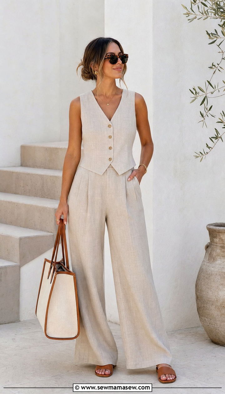 Tailored Linen Vest with Matching Wide Leg Pants - 25 Dressy casual summer outfit ideas 2026