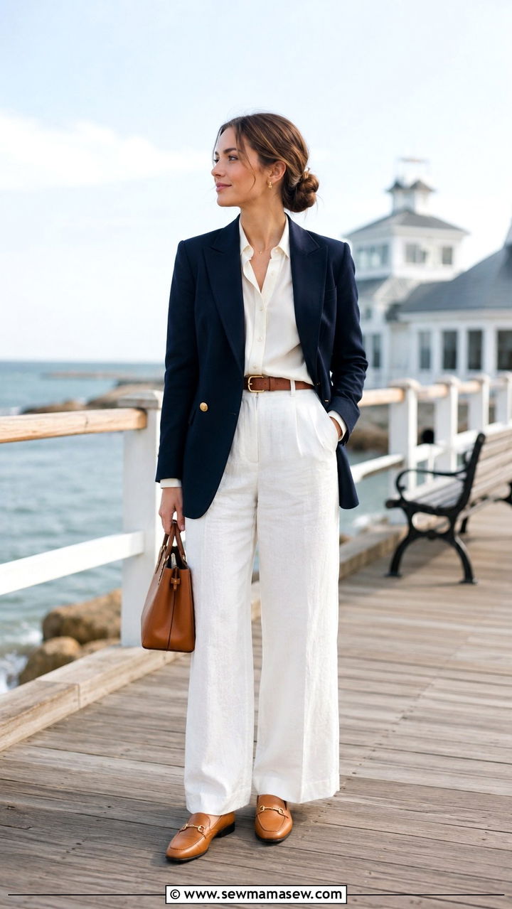 Tailored Navy Blazer and White Linen Pants - 30 Old money outfits for petite women