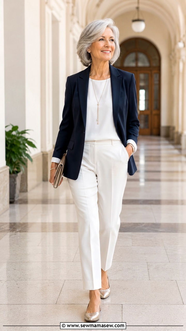 Tailored Navy Blazer with White Blouse and Trousers - 30 Graduation outfits for women over 60