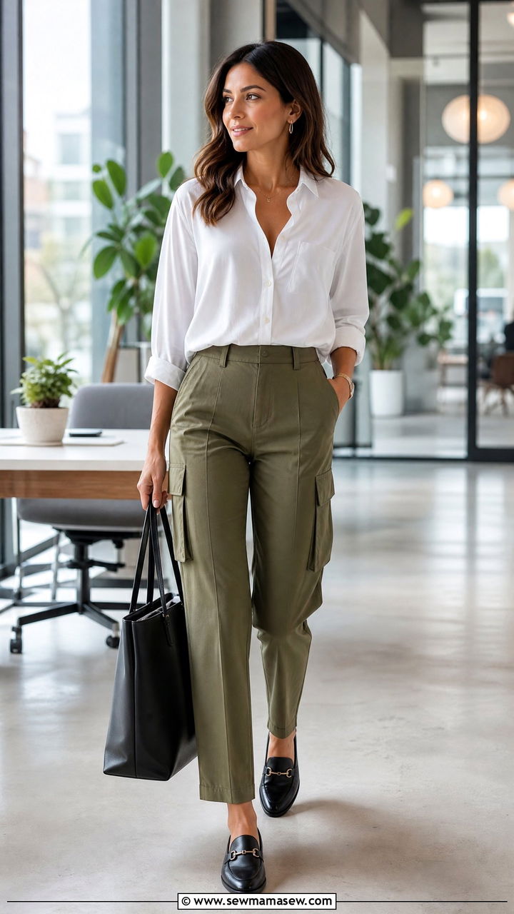 Tailored Olive Cargo Pants With A White Button Up And Loafers - 25 cargo pants outfits inspo