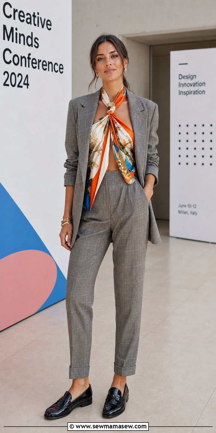 Tailored Plaid Suit With A Bright Silk Scarf Top - 25 classy maximalist outfits