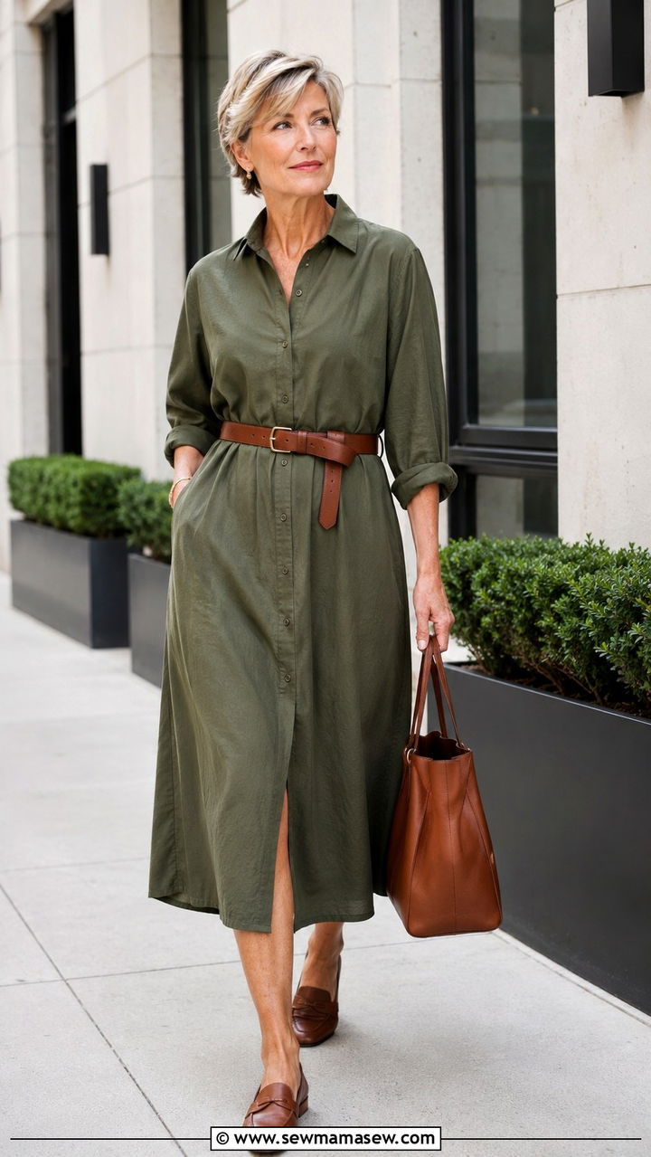 Tailored Shirt Dress With Leather Belt - 30 Minimalist outfit ideas for women over 50