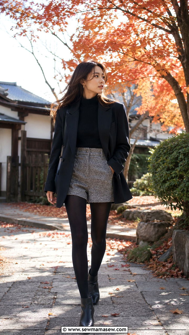 Tailored Shorts With Opaque Tights And Oversized Blazer - 30 Tokyo vacation outfit ideas