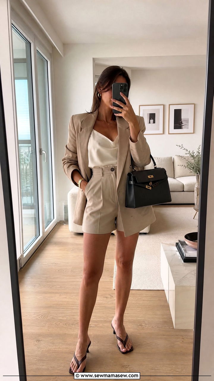 Tailored Shorts with Oversized Blazer and Silk Camisole - 35 French girl summer outfit ideas