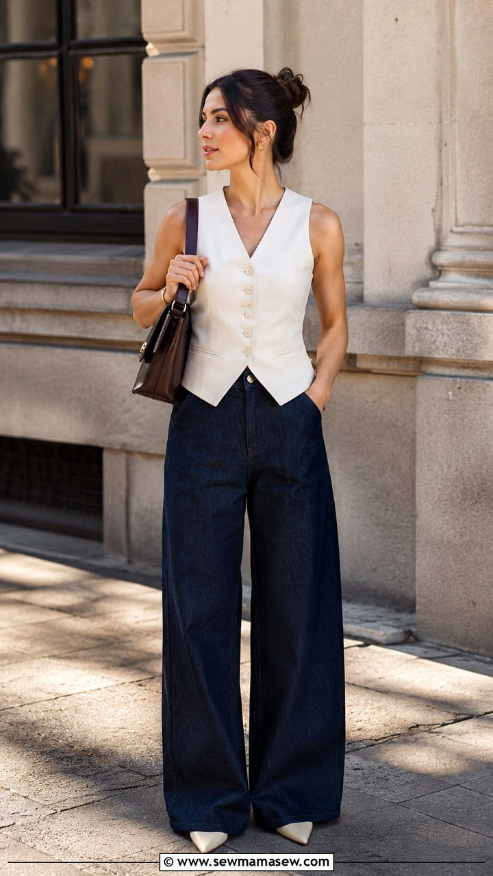 Tailored Sleeveless Vest With Wide Leg Denim Jeans - 30 Outfit ideas for working moms