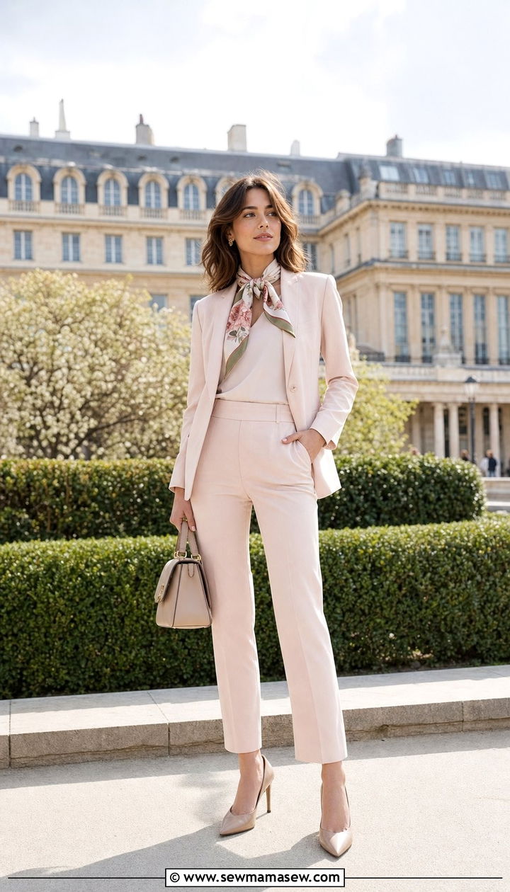 Tailored Suit With Silk Scarf And Pointed Heels - 25 Spring week in Paris outfits
