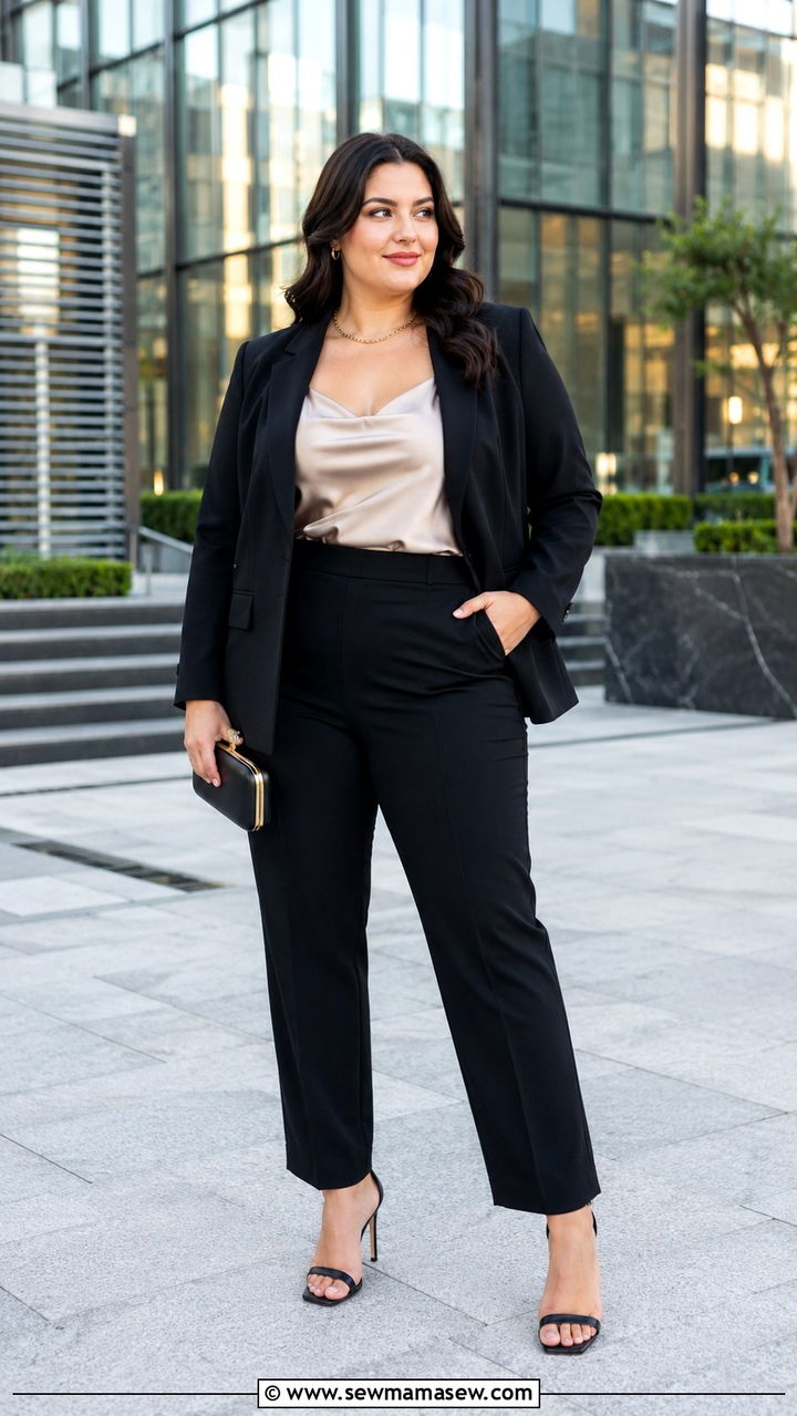 Tailored Suit With Silky Camisole And Strappy Heels - 30 Party outfits for plus size