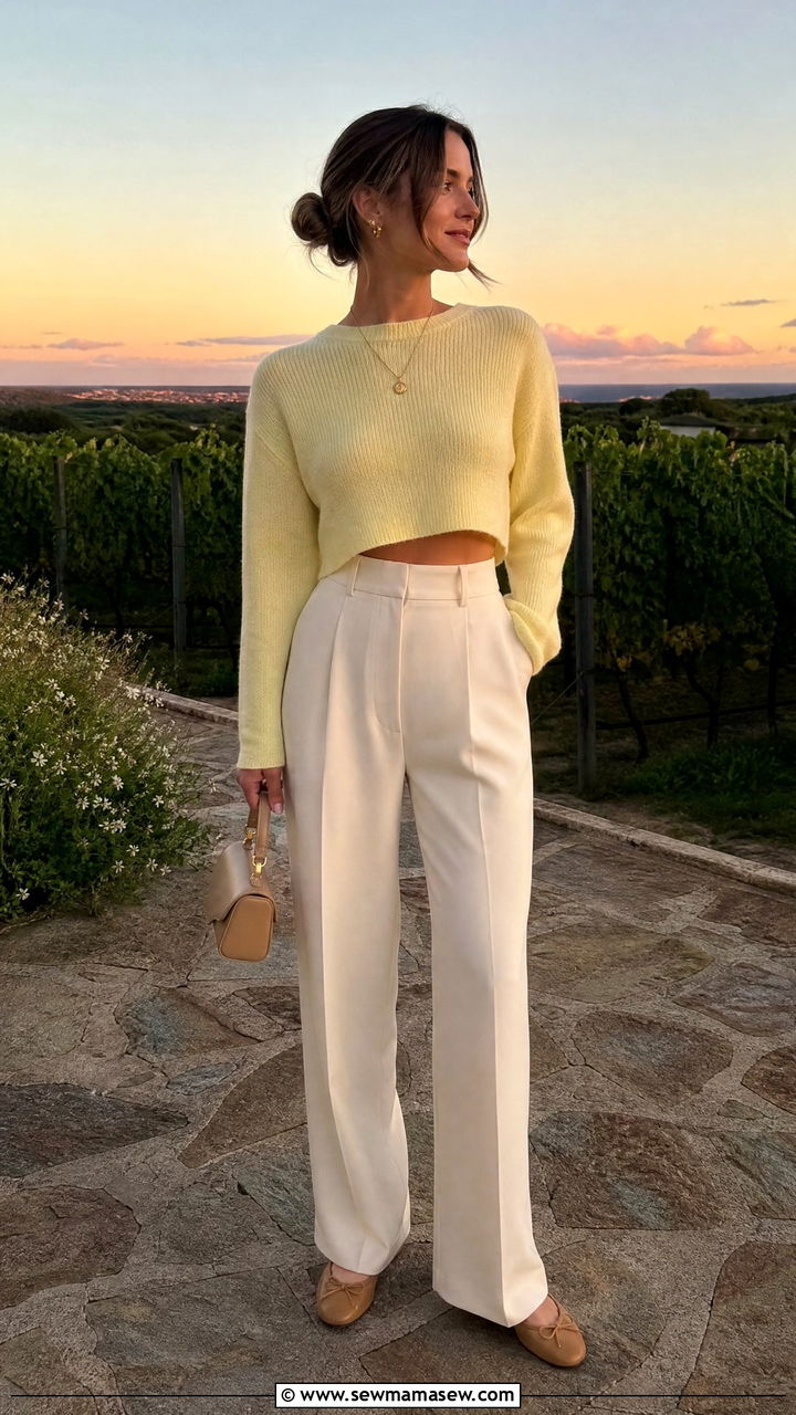 Tailored Trousers With Cropped Knit Sweater - 25 Hamptons outfit ideas 2026