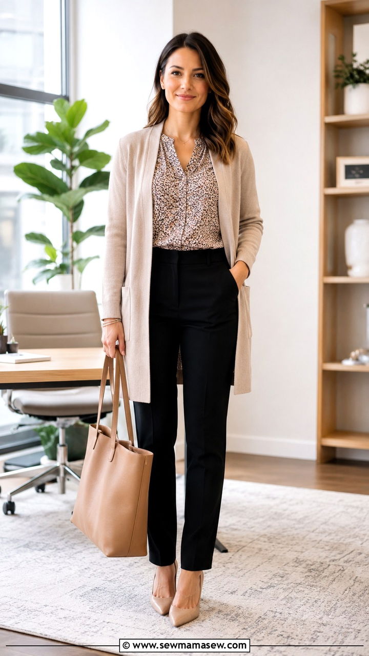 Tailored Trousers With Printed Blouse And Neutral Cardigan - 30 Hr manager outfit ideas