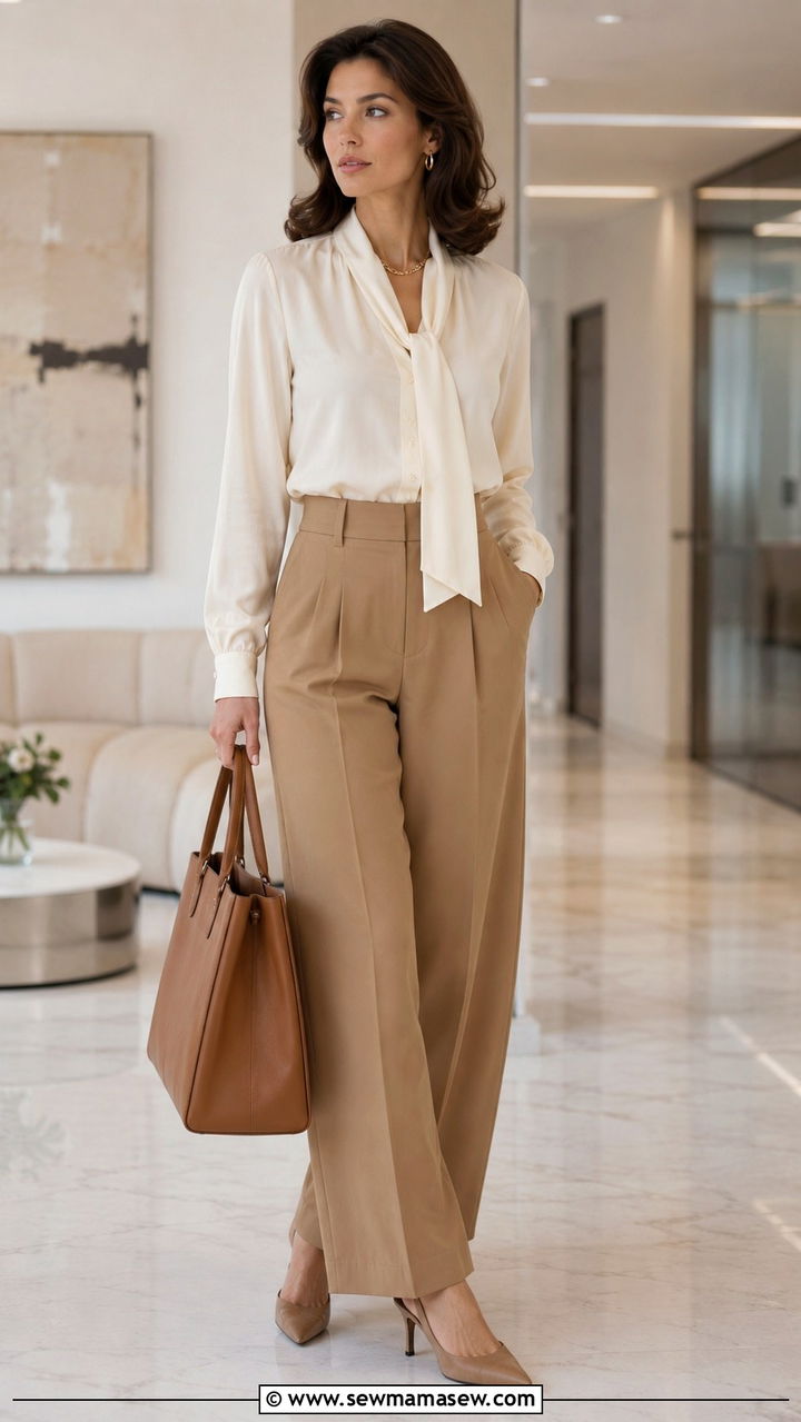 Tailored Trousers With Silk Blouse And Gold Jewelry - 20 Old money outfit ideas Jackie Kennedy