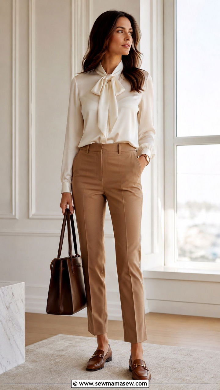 Tailored Trousers With Silk Blouse and Loafers - 30 trousers outfit ideas for women