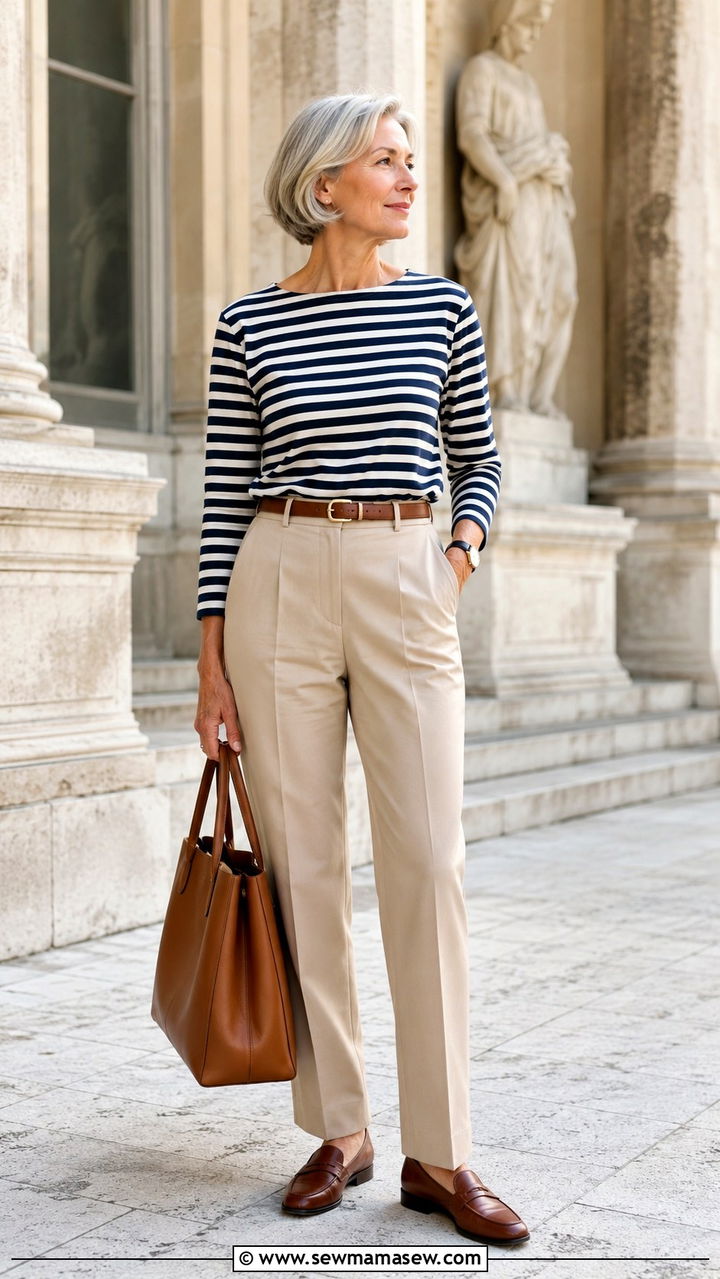 Tailored Trousers With a Breton Striped Top - 25 Outfit ideas for women over 50 casual 2026