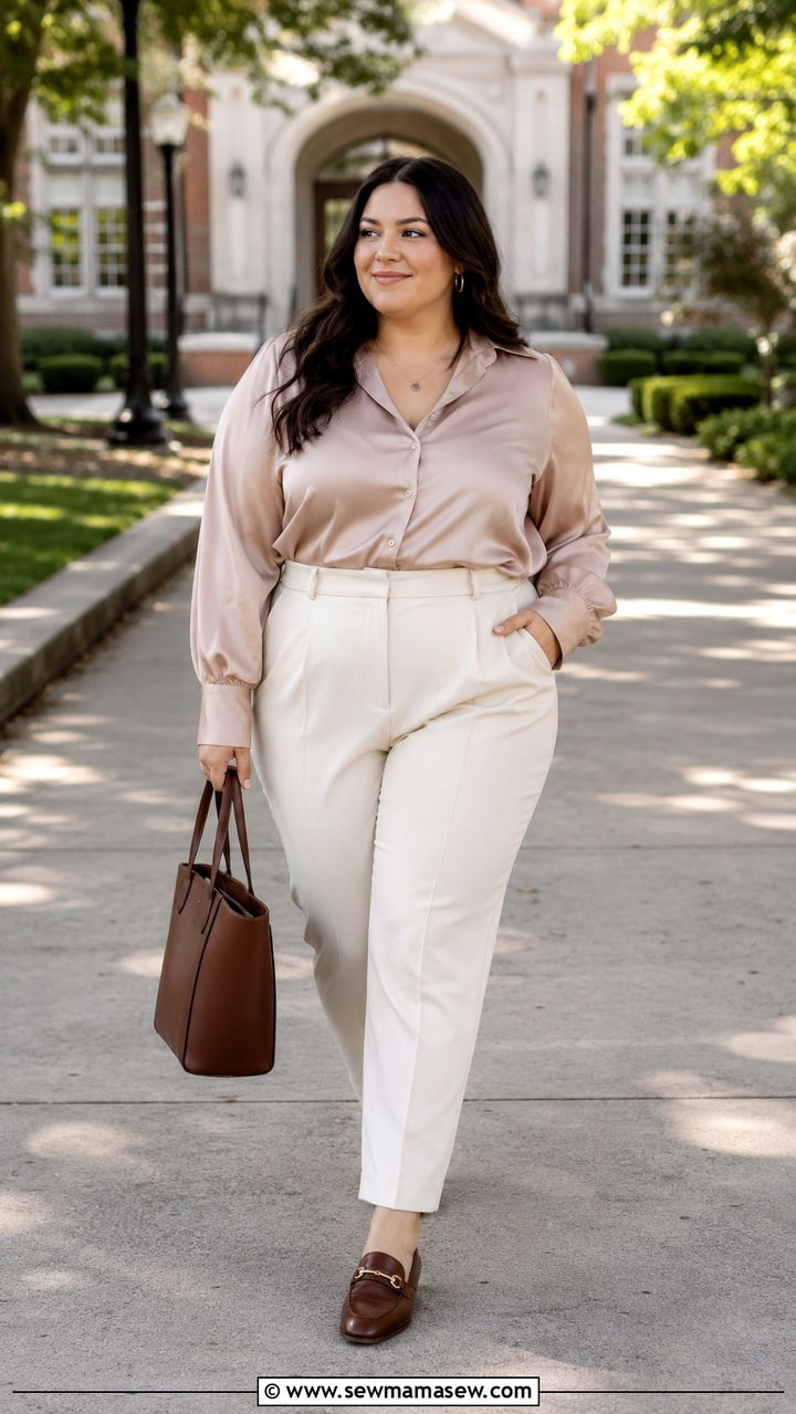 Tailored Trousers and Dressy Blouse with Loafers - 30 Plus size outfit ideas for graduation
