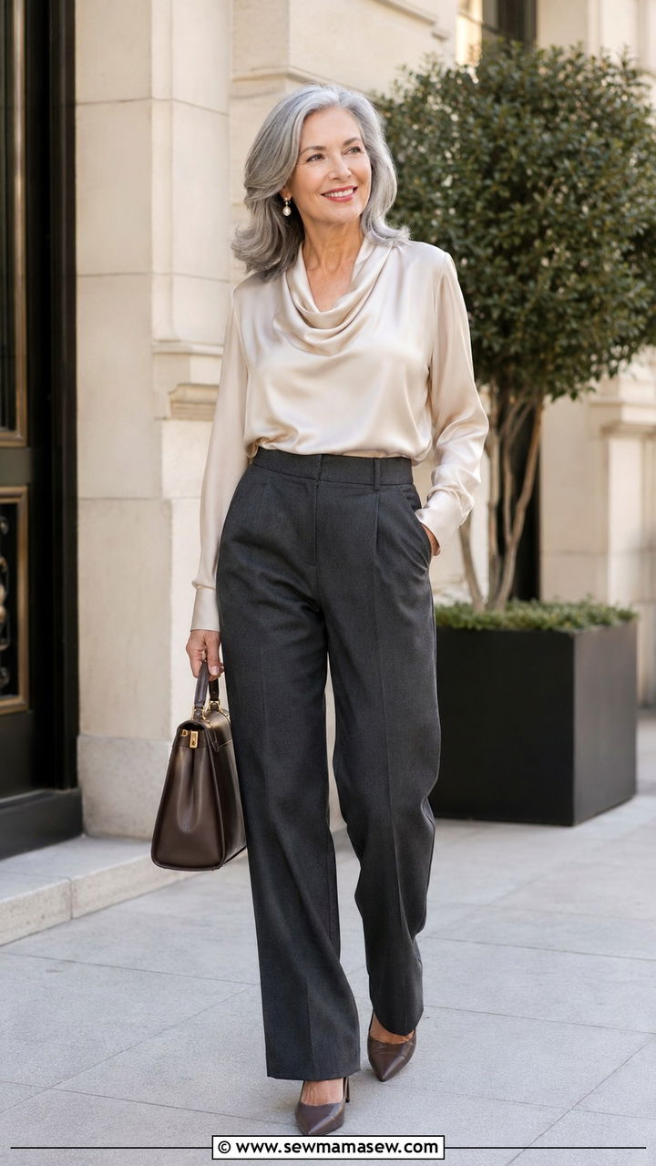 Tailored Trousers and Silk Blouse Outfit - 30 Trendy outfit ideas for women over 50