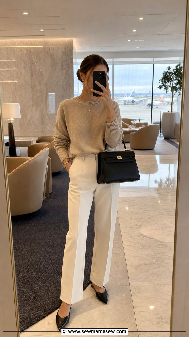 Tailored Trousers with Cashmere Crewneck - 25 Clean girl outfit ideas for airport