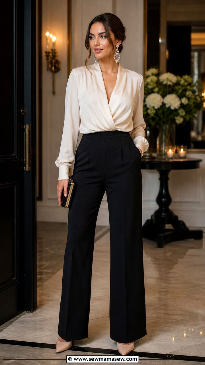 Tailored Trousers with Silk Top and Heels Outfit - 40 What to wear in London