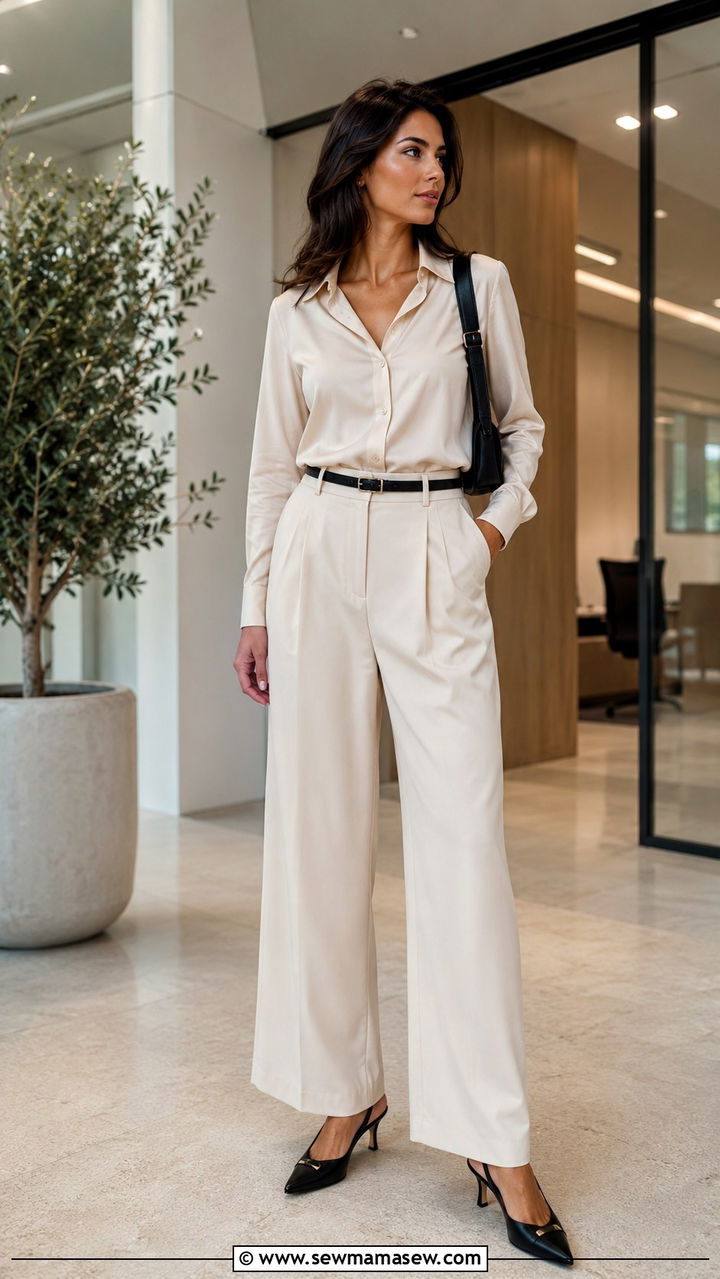 Tailored Trousers with a Tucked In Blouse and Skinny Belt - 20 spring outfits with skinny belt