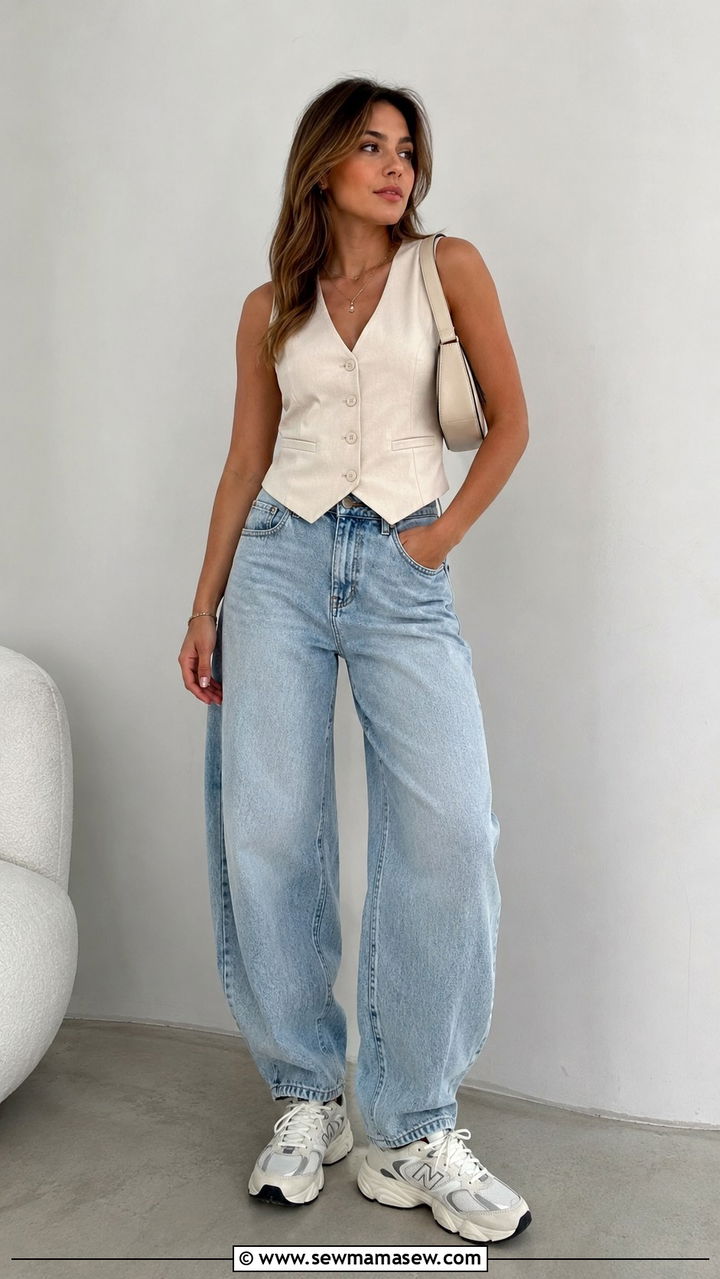Tailored Vest And Barrel Jeans With White Sneakers - 25 Barrel jeans outfit ideas with white sneakers