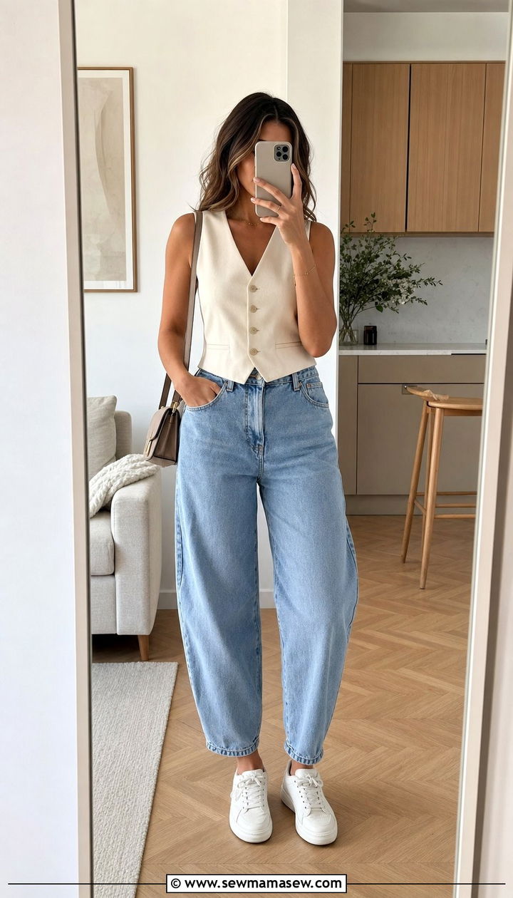 Tailored Vest And Barrel Leg Jeans - 25 spring outfit ideas Pinterest