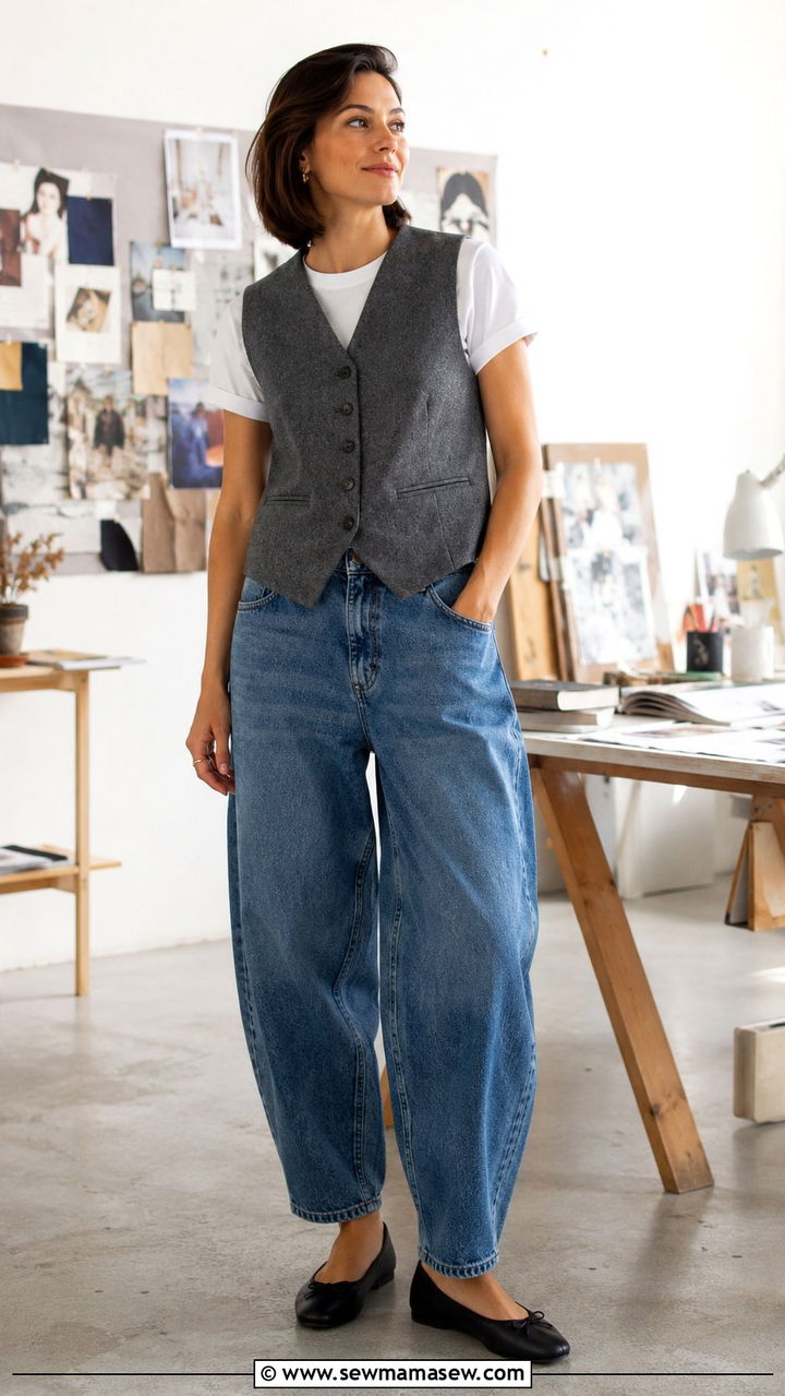 Tailored Vest Over White Tee With Barrel Jeans - 30 Quiet luxury outfit ideas with jeans