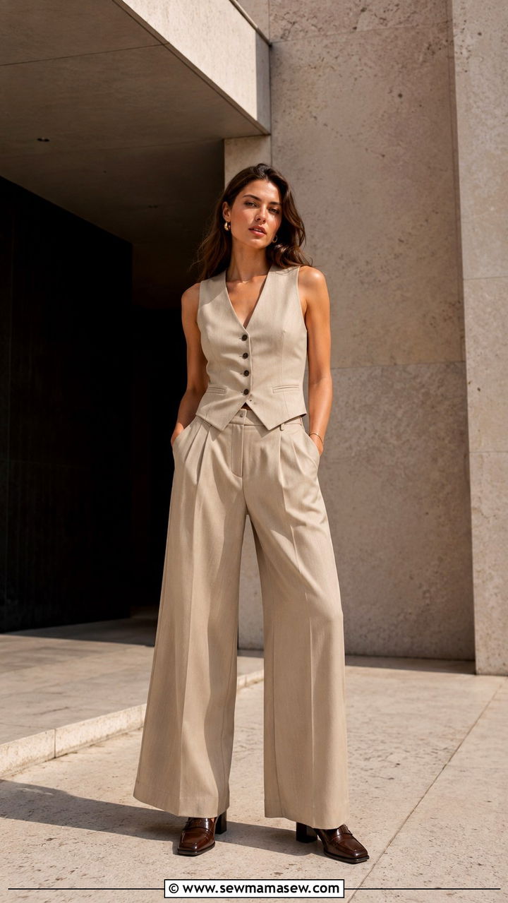 Tailored Vest With Wide Leg Trousers And Heeled Loafers - 30 transitional outfits inspo