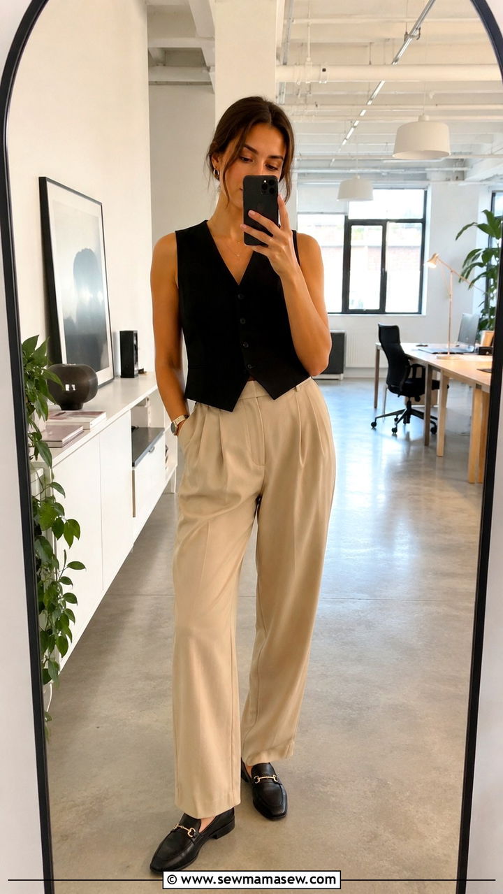 Tailored Vest with Relaxed Trousers - 25 work outfits for rectangle body shape