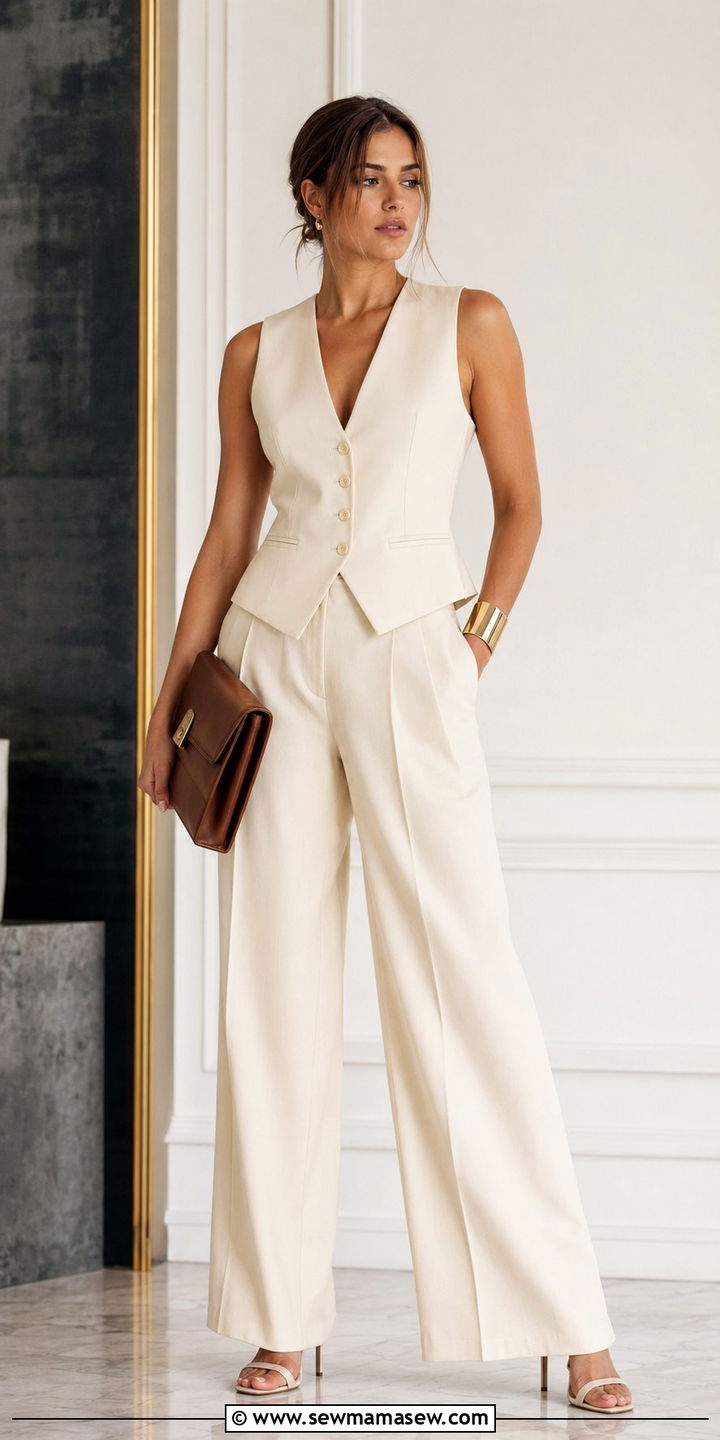 Tailored Waistcoat With Wide Leg Trousers and Heeled Mules - 35 90s capsule wardrobe outfits