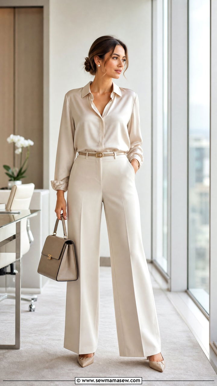 Tailored Wide Leg Pants With Silk Blend Blouse - 30 Modest outfit ideas with wide leg pants