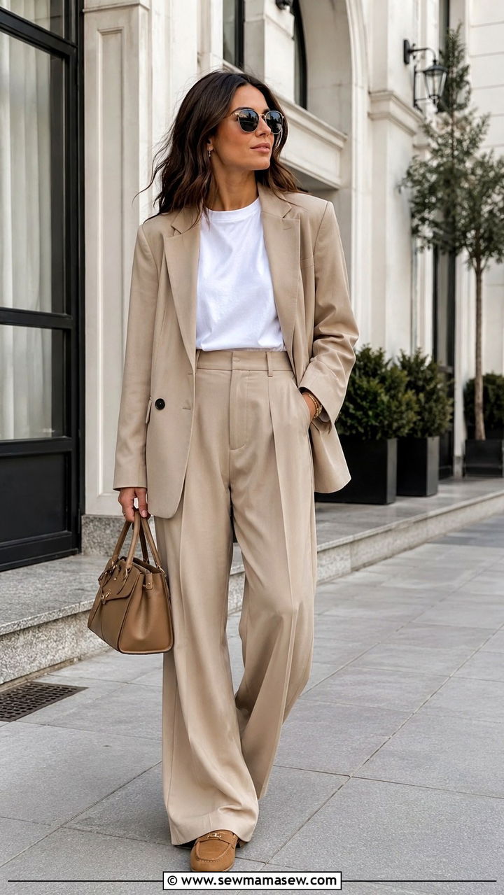 Tailored beige suit and white tee outfit - 30 quiet luxury outfits to copy