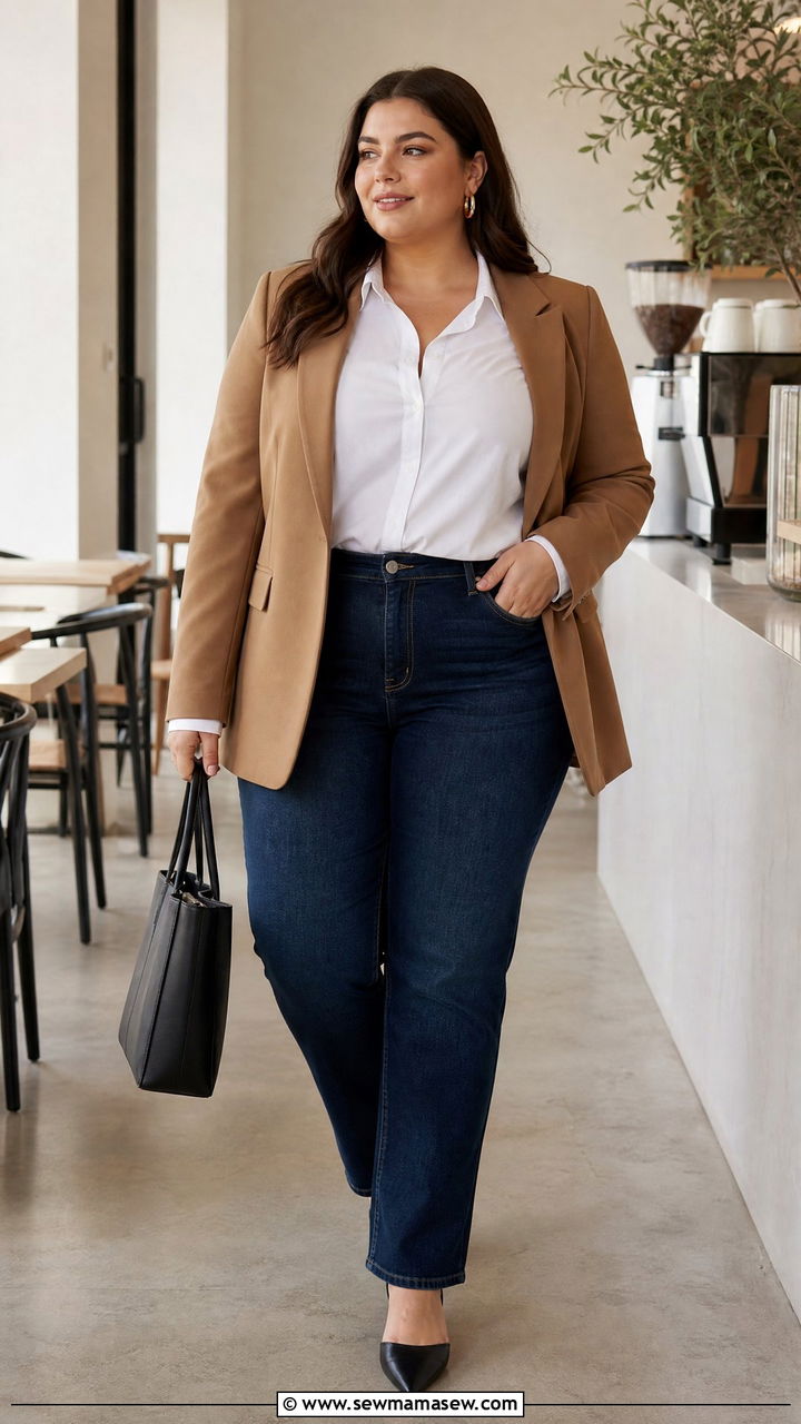 Tailored blazer and dark jeans smart casual interview outfit - 25 Interview outfit ideas plus size