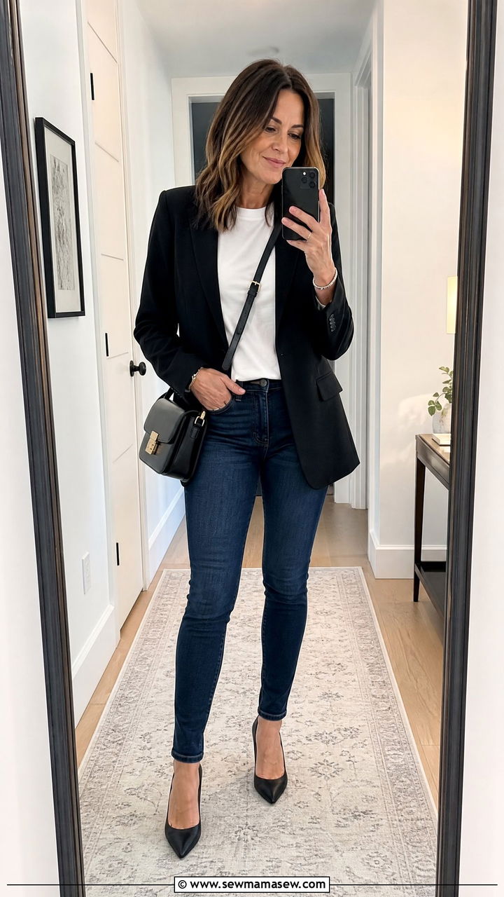 Tailored blazer with dark wash skinny jeans - 35 Jeans outfit ideas for women over 40