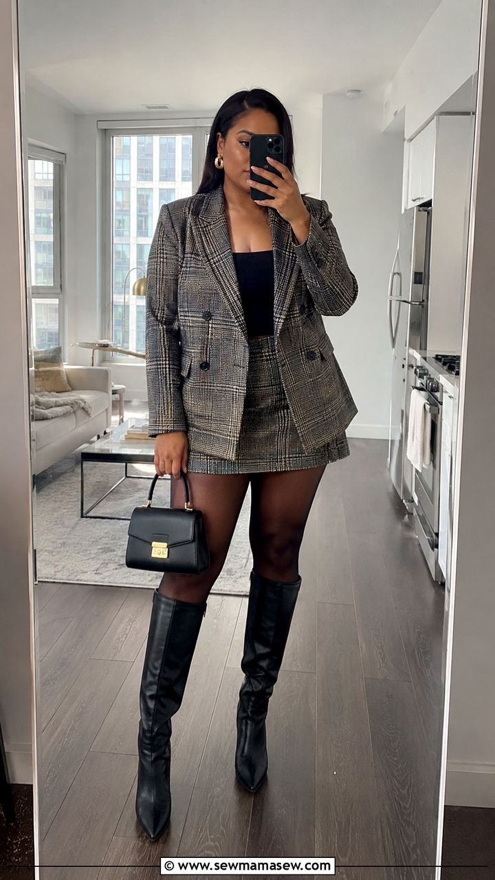 Tailored blazer with mini skirt and knee high boots - 30 Party outfits for midsize women