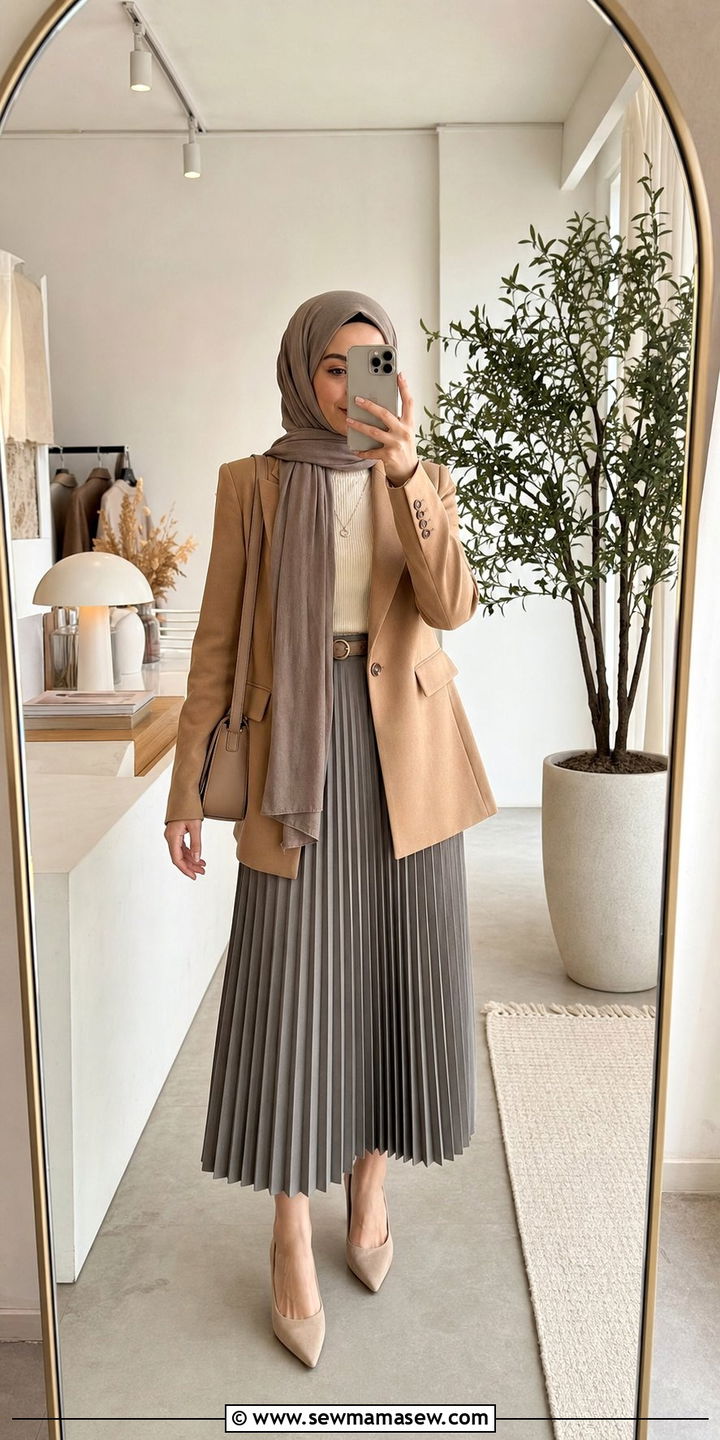 Tailored blazer with pleated midi skirt and matching hijab - 25 classy outfits for hijab women